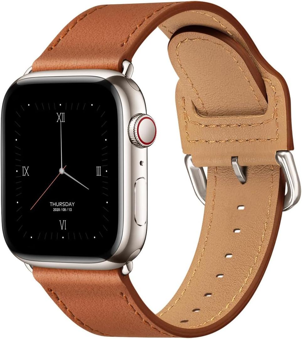POWER PRIMACY Leather Bands Compatible with Apple Watch Band 38mm 40mm 41mm 42mm-Series 11/10,Genuine Leather Strap Compatible for Women Men iWatch SE Series 11 10 9 8 7 6 5 4 3 2 1(Brown/Starlight Silver)