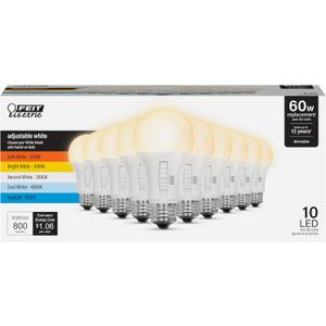 Feit Electric A19 LED Light Bulb, 60W Replacement, Dimmable, Selectable Color Temperatures (2700K-5000K), 800 Lumens, General Purpose Light Bulbs, 15,000-Hour Lifetime, OM60DM/5CCTCA/LED/10, 10 Pack