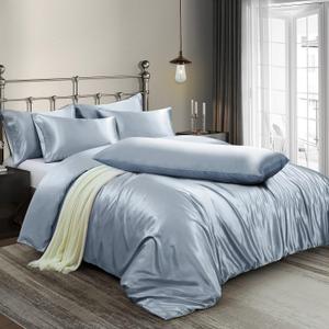 Ersmak 6 Pieces Satin Duvet Cover Full/Queen Size Luxury Silky Bedding Duvet Cover Set with 1 Soft Duvet Cover, 4 Queen Pillowcases and 1 Body Pillowcase, Baby Blue