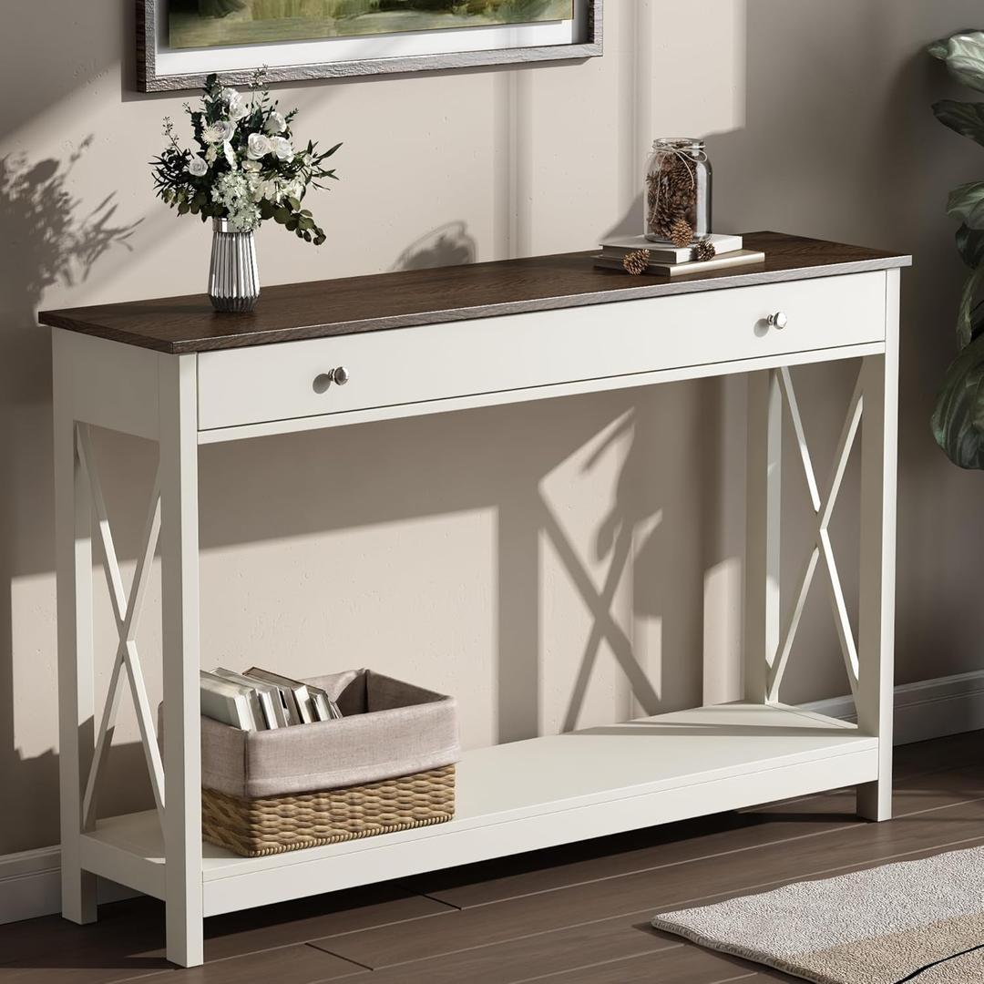 Treocho 47" Farmhouse Console Table with Drawer and Storage Shelves, Foyer Sofa Table Narrow for Entryway, Living Room, Hallway, Soft White