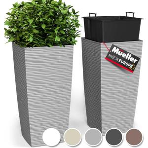 Mueller M-Resin Heavy Duty Tall Planters for Outdoor Plants, Indoor Grande Plant Pots, Boxes, Trees, Flower Pots, 2-Piece Set, 18, Modern Design, Built-in Drainage, Front Porch Decor, Light Grey