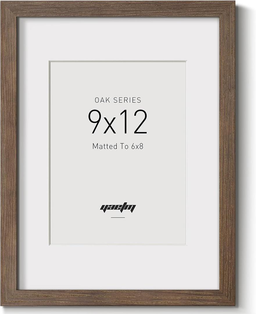 Yaetm 9x12 Picture Frame with Mat for 6x8 - Brown Walnut, Rustic Solid Wood Photo Frame 9 x 12 with Tempered Glass for Art Print & Picture, Horizontal and Vertical Wall Mount (Single, Walnut)