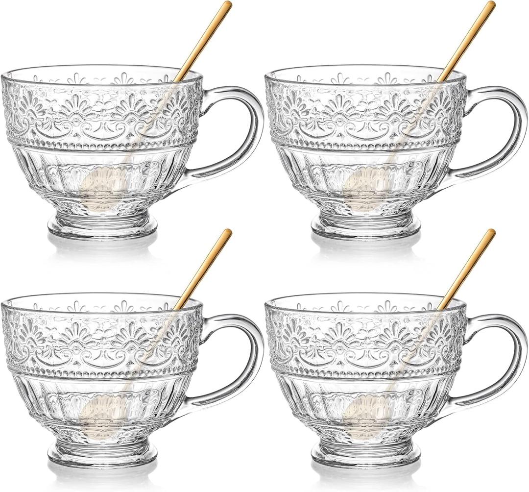 AVLA 4 Pack Glass Coffee Mugs, 16 OZ Clear Tea Cups with Handle and Spoons, Crystal Drinking Glassware for Latte, Cappuccino, Americano, Juice, Hot Beverage, Water, Dishwasher & Microwave Safe