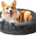 28in Large Dog Bed, Medium Size Dog and Cats, Calming Donut Bed for Puppy and Kitten, Washable Round Fluffy Pet Bed (Dark Grey)