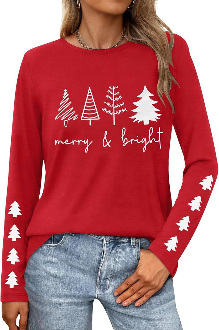 Christmas Shirts for Women Merry and Bright Long Sleeve T-Shirt Crew Neck Xmas Holiday Tee Tops (Large, Red)