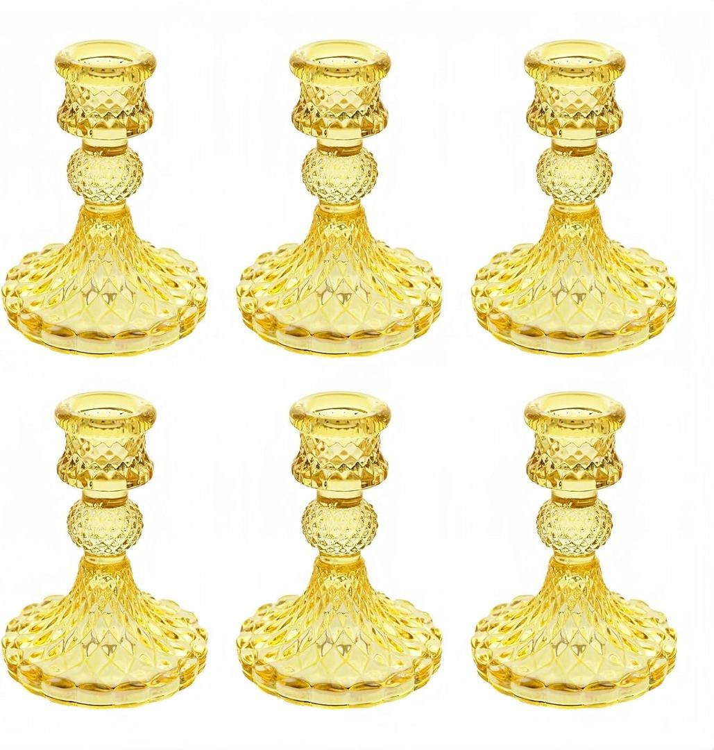 Glass Candlestick Holder,Striped Taper Candle Holders,Set of 6 Candle Stand for Table Centerpieces, Home Decor,Weddings,Festival and Parties (Yellow Dimond)