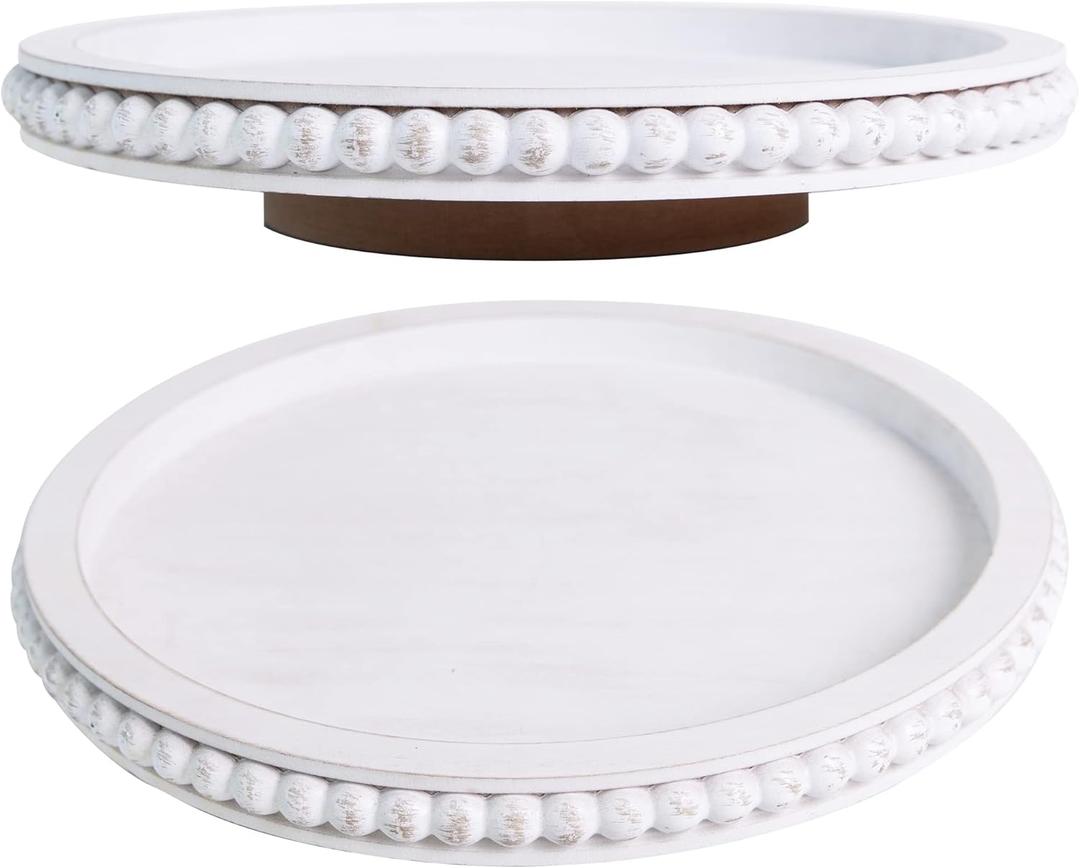 HPC Decor 12Inch Beaded Lazy Susan- Wooden Lazy Susan Organizer for Farmhouse Table Decor, Round Turntable for Table Cabinet, Countertop- Kitchen Turntable 360 Degrees Rotating Table Spinning Tray