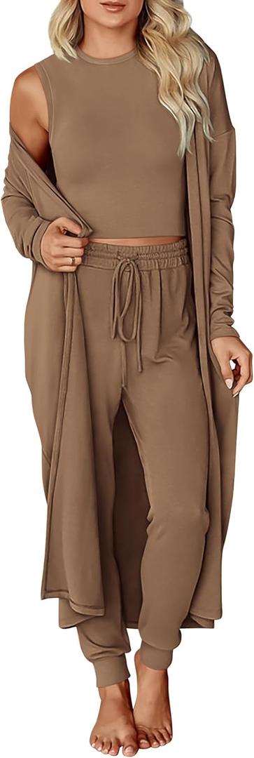 KIRUNDO 3 Piece Lounge Sets for Women Airport Travel Vacation Outfits 2025 Fall Cardigan Matching Sleeveless Top Jogger Pants (Large, Khaki)