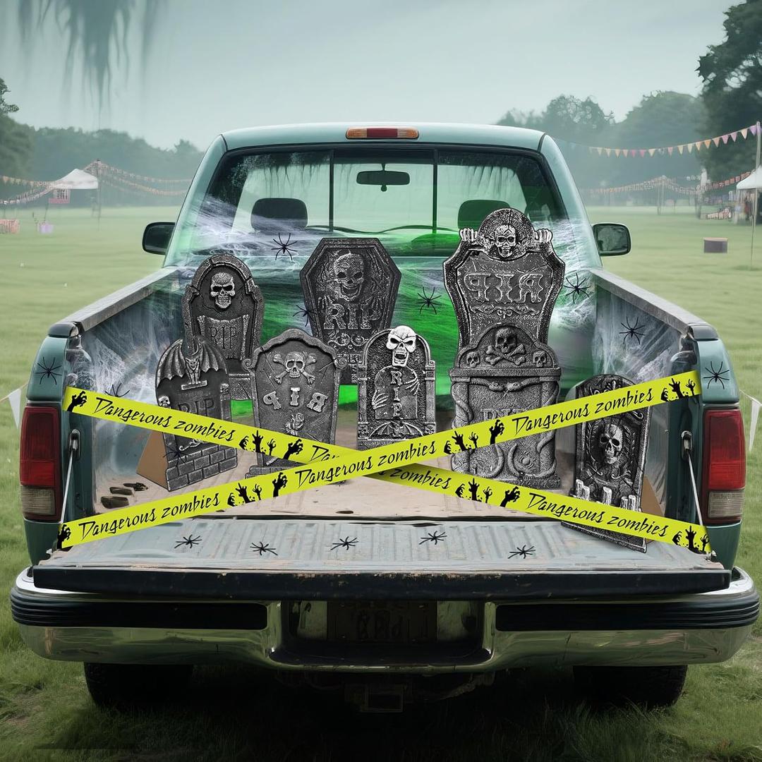 Halloween Trunk or Treat Car Decorations Kit Cemetery Style Outdoor Decor with Tombstone Spider Web Graveyard for Car Garage Door Entryway Archway Decor