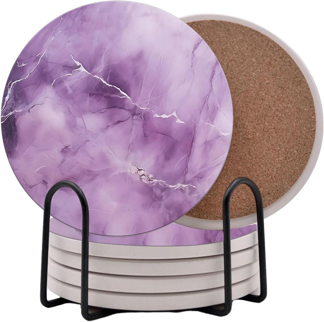 Purple Agate Marble Round Coasters Set of 6 - Abosrbent Ceramic Coasters with Metal Stand for Drinks, Coffee, Non-Slip Cork Back for Tabletop Protection, 4 Inches Marbled Pattern (Marble)