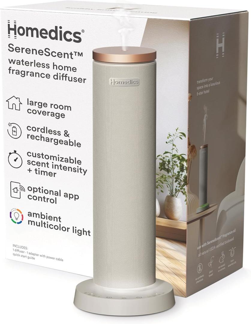 Homedics SereneScent Fabric Rechargeable Waterless Diffuser, Use with Homedics SereneScent Oil 120ml (Sold Separately) Cordless Aromatherapy, Adjustable Mist & Timer, 6 Calming Lights, Grey