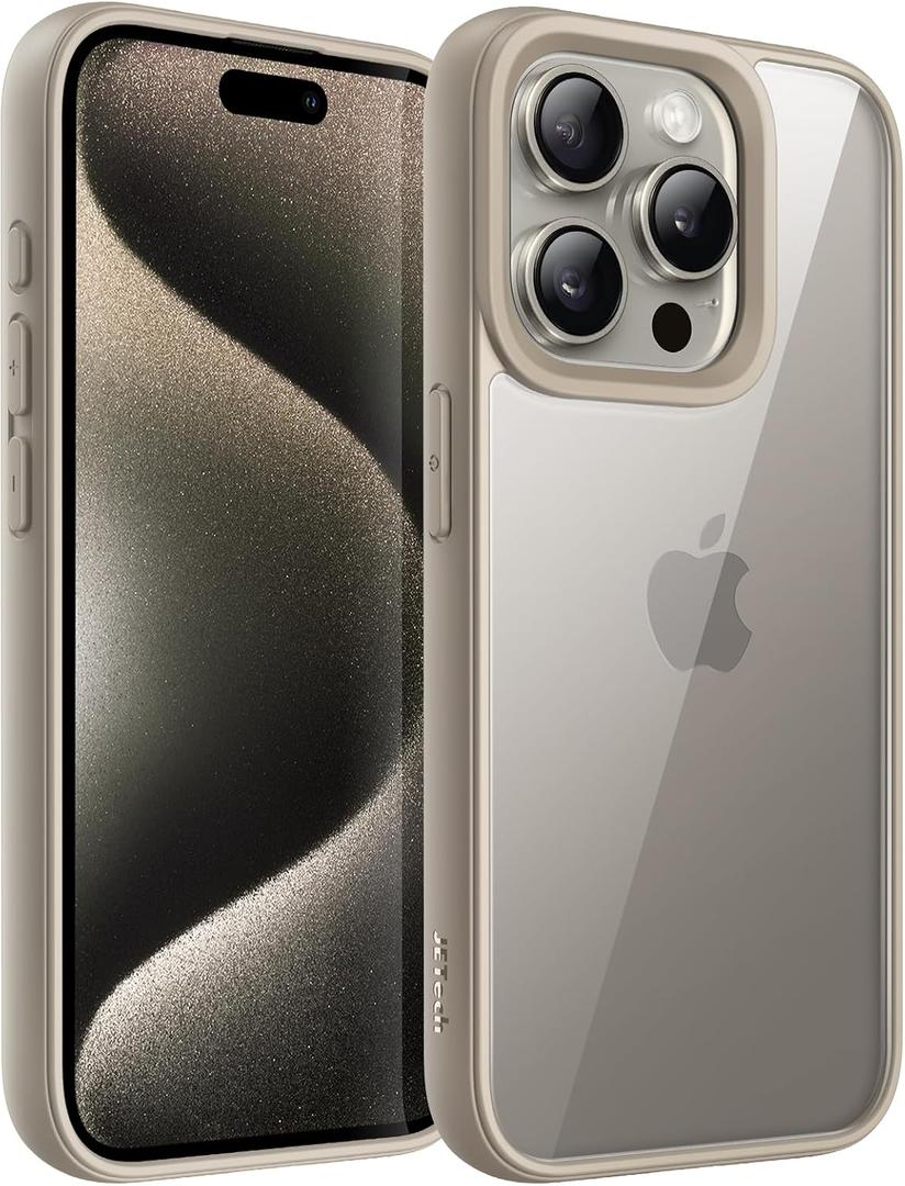 JETech Case for iPhone 15 Pro Max 6.7-Inch, Shockproof Phone Bumper Cover, Solid Color Matte TPU Frame, Anti-Scratch Clear Back (Natural Titanium)