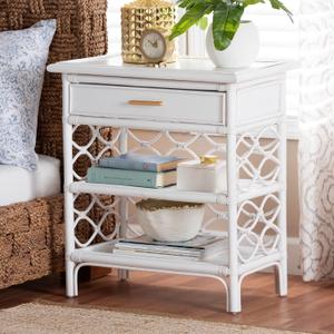bali & pari Akane Natural Rattan Nightstand with Drawer and Open Shelves  Coastal Bedside Table with Lattice Design, White bali & pari Akane Natural Rattan Nightstand with Drawer and Open Shelves  Coastal Bedside Table with Lattice Design, White