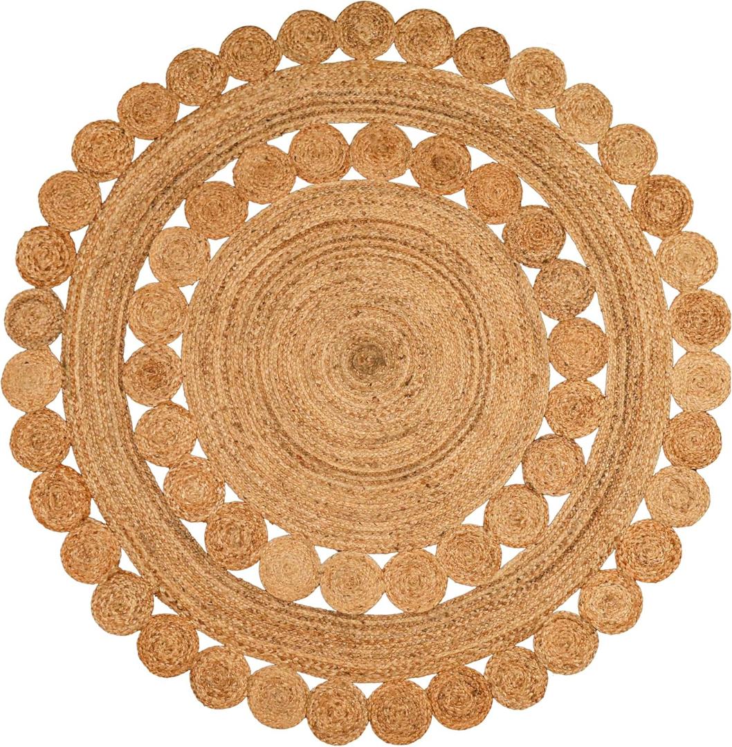 Hand Woven Braided Jute Rug - 5' Round - Reversible Farmhouse Dining Room Rug, Living Room, Bedroom, Kitchen - Natural Decorative Floor Boho Entry Area Rugs - 5ft Round Rug