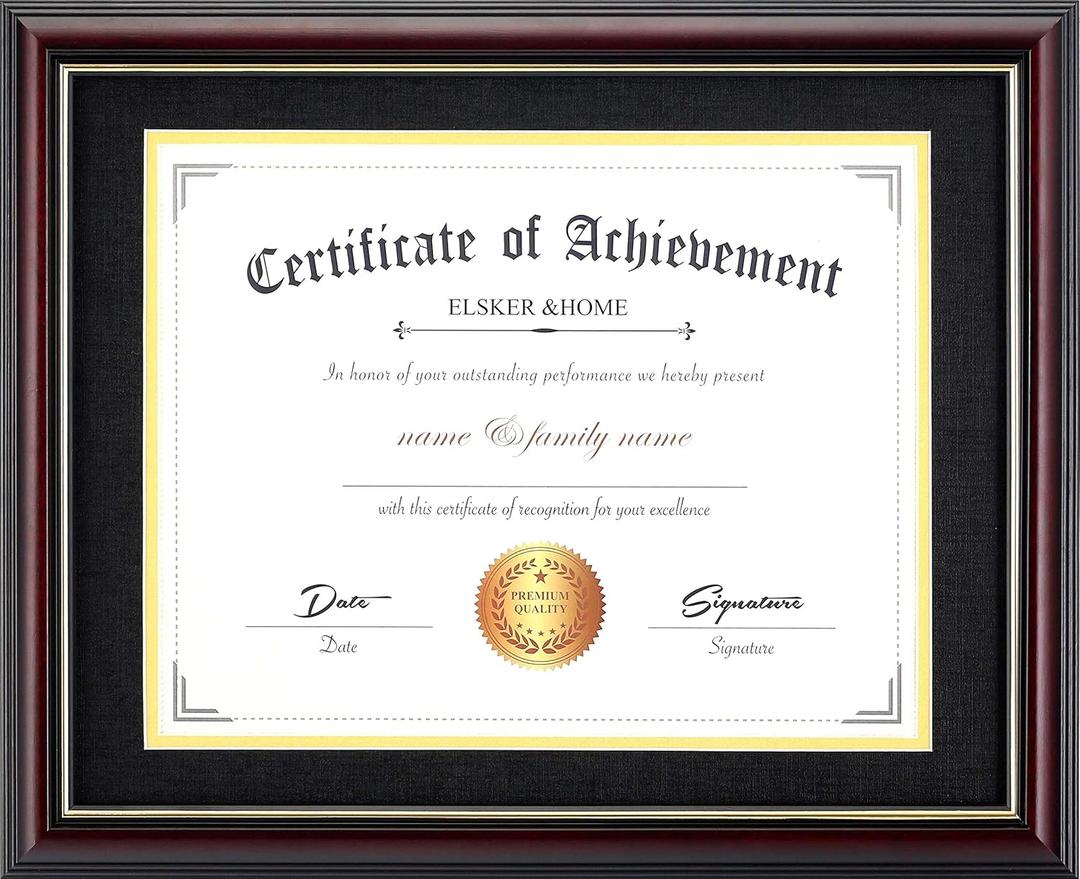 ELSKER&HOME 8.5x11 Diploma Frame with Mat Display Reddish/Mahogany Wood Frame.Made for Certificates&Document 8.5 x 11 Inch Frame with Mat or 11x14 without Mat (Double Mat, Black with Golden Rim)