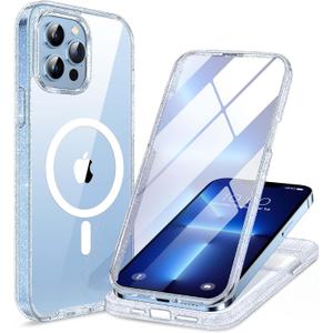 Miracase Magnetic for iPhone 13 Pro Max Case 6.7 inch, (Compatible with MagSafe) Upgrade Full-Body Clear Phone Bumper Case with Built-in 9H Tempered Glass Screen Protector, Magnetic Glitter Clear