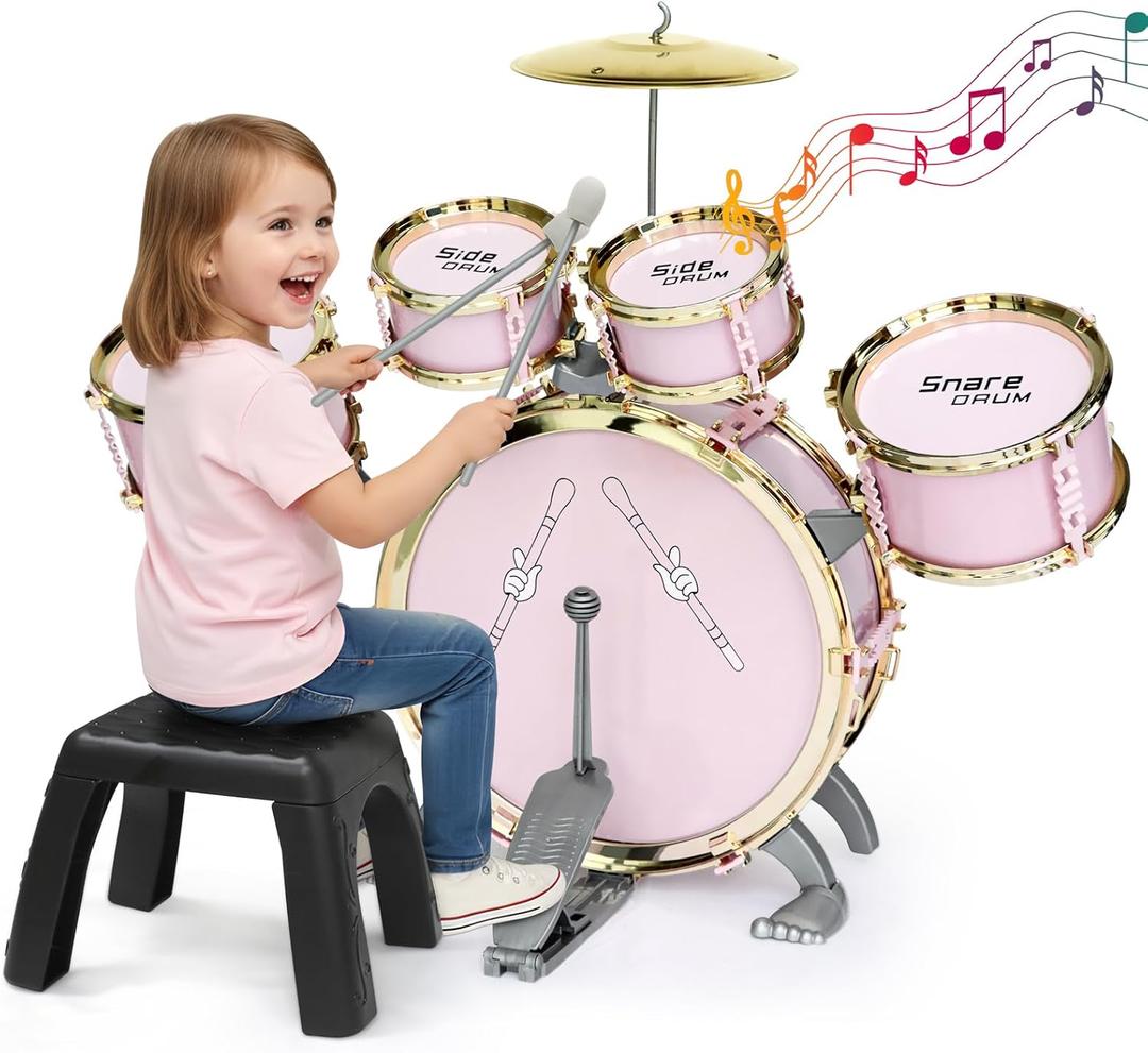 Toddler Drum Set for Kids - 5-Piece Kids Drum Set with Stool, Pedal & Drumsticks, Musical Toy Drum Kit for Boys & Girls Ages 2-6, Educational Baby Drum Set Gift for Toddlers
