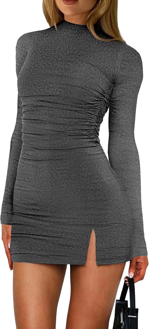 HYPERFIRE Women's Long Sleeve Mock Neck Ruched Bodycon Dress Cocktail Party Club Mini Dresses Going Out (Large, Grey)