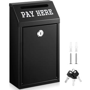 Yaocom Safe Cash Box Money Collection Metal Donation Box with Lock Wall Mount Pre Drilled Mailbox Delivery Ballot for Home Office Outdoor Self Serve Stand(Black,10.2 x 5.7 x 2.8 Inch)
