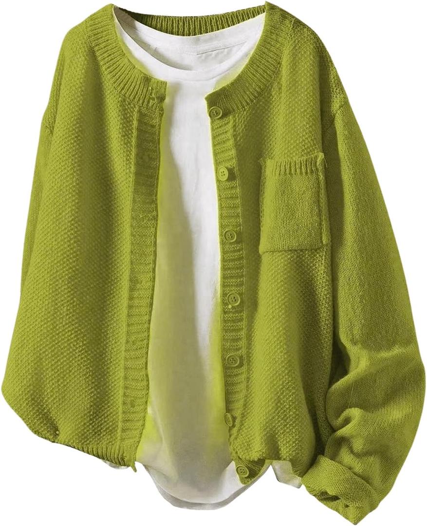 Women's Drop Shoulder Long Sleeve Cardigan Sweater Button Up Pocket Front Cardigans Lightweight Knit Tops Green X-Large