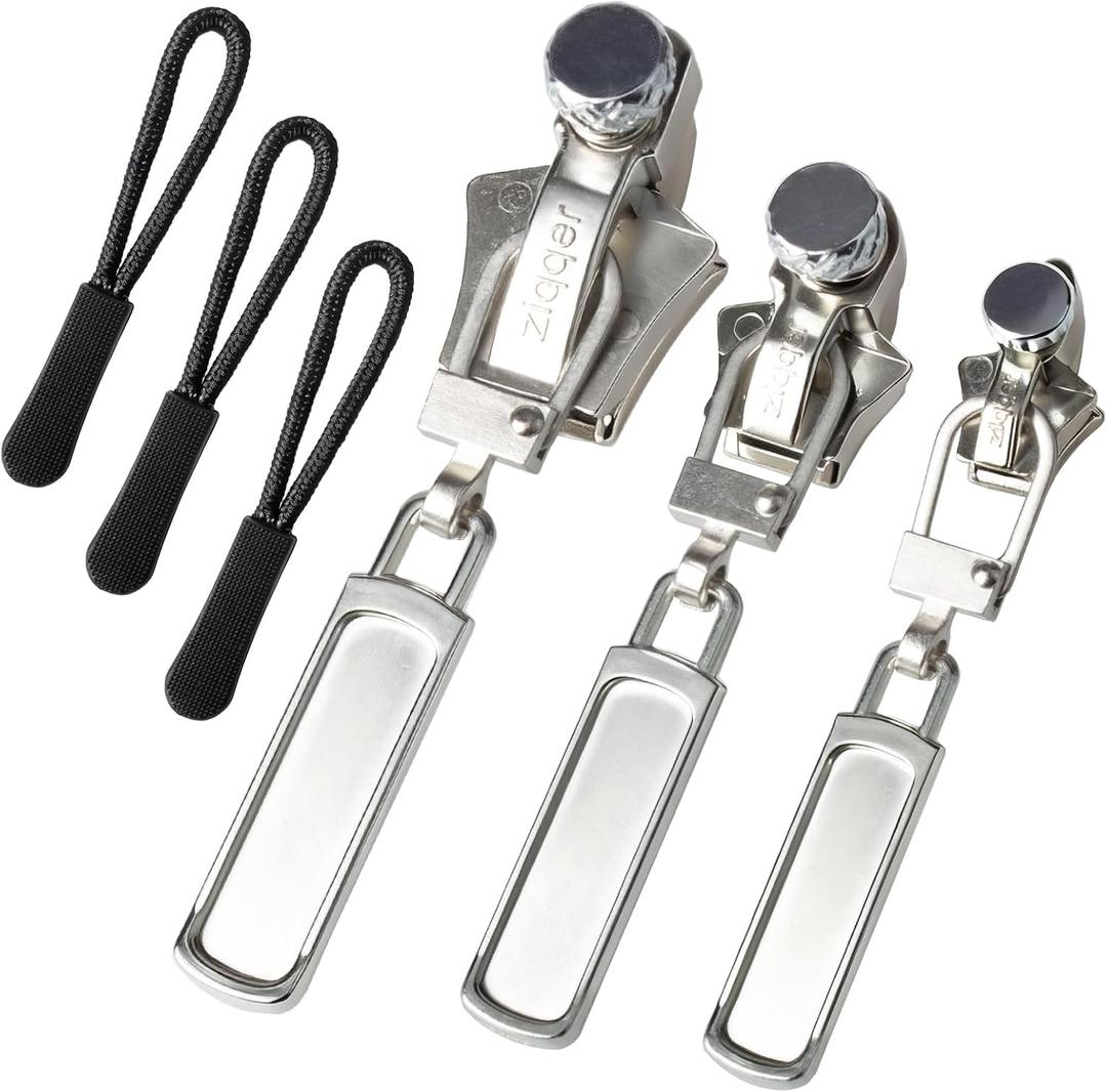Zipper Repair Kit, 3 Different Sizes Zipper Slider Replacement, Quick Install Zip Detachable Pulls Heads with 6 Pcs Zipper Pulls for Jackets, Luggage, Backpack, Bags(Silver/SML)