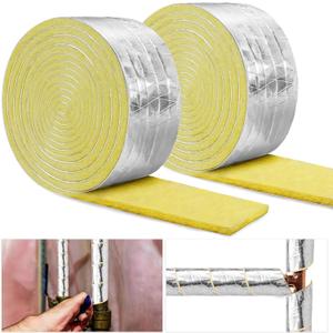 2 Pack 32.8 Foot Foiled Back Fiberglass Pipe Insulation Wrap - Ceramic Water Pipe Insulation for Outdoor & Indoor Use, Freezing Weather