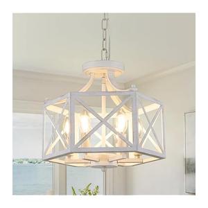 ZSDHXi 6-Light Antique White Pendant Light, Modern Farmhouse Chandeliers for Dining Room, Adjustable Hexagonal Metal Hanging Light, Vintage Geometric Pendant Lighting for Kitchen Island Entryway Foyer