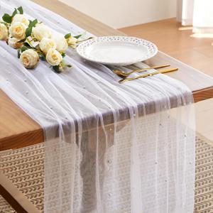 Pearl Gauze Table Runner 120 Inch 10FT Spring Summer Tulle Table Runner Sheer Dining Wedding Birthday Party Baby Shower Centerpiece Table Decor White 3PCS