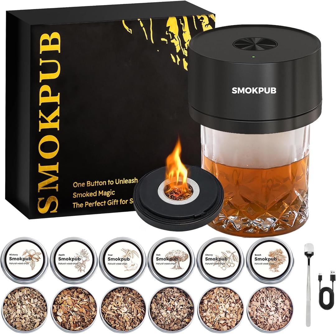 SMOKPUB Electric Whiskey Smoker Kit, Rechargeable Cocktail Smoker with 6 Wood Chips, Flameless Heating System, Old Fashioned Drink Smoker Kit, Bourbon Whiskey Gifts for Men,Dad,Husband