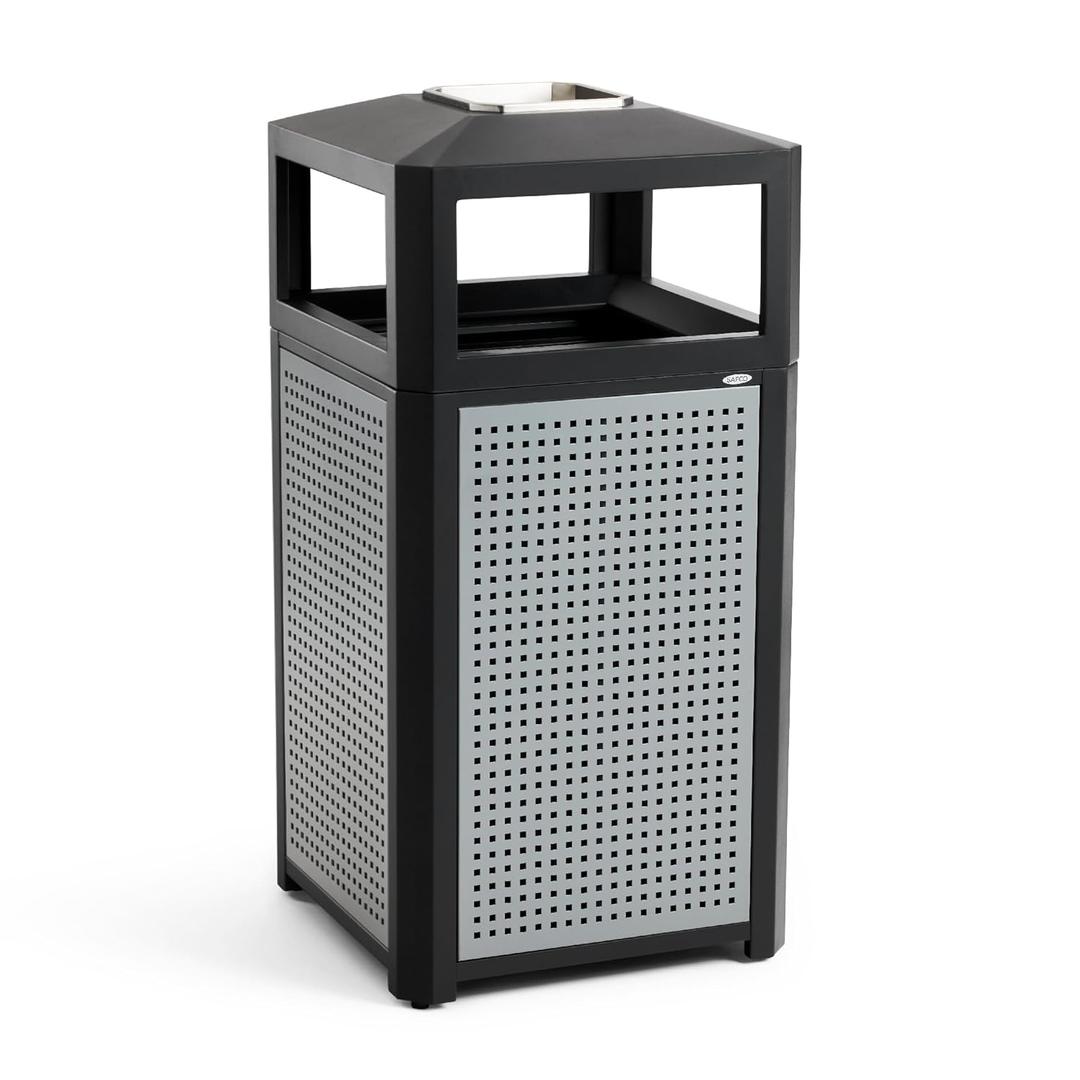 Safco Evos Steel Trash Can, 38 Gallons, Indoor and Outdoor Use, Commercial Garbage Can with Plastic Liner and Ashtray