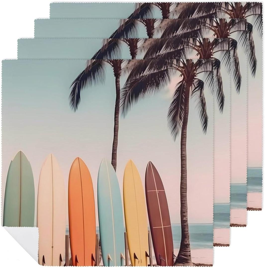 Surfboard Palm Tree Funny Cloth Napkins Reusable Dinner Tablecloth Decor for Restaurant Wedding Party 19 X 19 Inch (4 PCS)