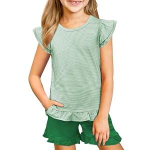 Yousify Girls 2 Summer Short Sets Casual Crew Neck Sleeveless Tank Shirts Child's Cloth with Side Pockets Green 160