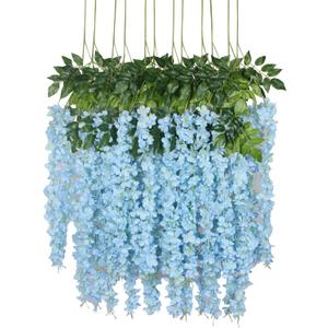 Duovlo 12 Piece Artificial Silk Wisteria Vine 3.6 Feet Hanging Flower Garland String Home Party Wedding Decor (Light Blue)
