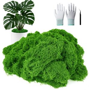 MGLIFEUL 12OZ Artificial Fake Moss for Crafts Plants Indoor with Non-Stick Gloves and TweezersPreserved Green Plant Faux Craft Moss Musgo for Fairy Garden Indoor Outdoor Home Decorating Model Making
