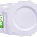 COLOSUS 100pcs 9.5 Inch-White Plastic Dinner Plates, Fancy White Plastic Plates,Heavy Duty Disposable Dinner Plates for Party Thanksgiving and Everyday Use