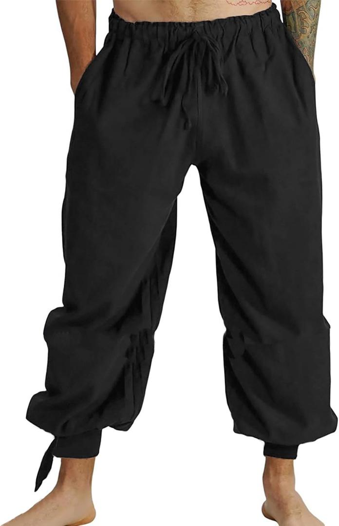 Mens Pirate Linen Pants Medieval Viking Navigator Costume Trousers Renaissance Lace Up Cosplay Pants (Large, Black)