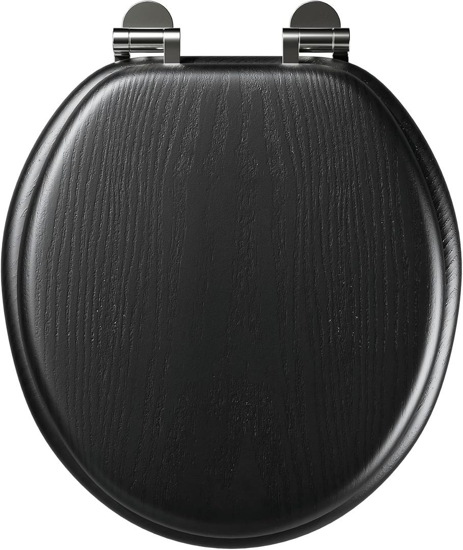 Round Toilet Seat Slow Close, Black Heavy Duty Wood Toilet Seat with Wood Veneer, Soft Close Toilet Seat Support 400 lbs,Toilet Lid with Chrome Hinges, Grip-Tight Bumpers, Easy Clean, Easy to Install