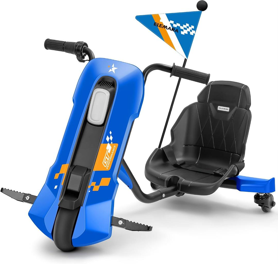 ELEMARA Electric Drift Kart for Kids Age 6-14, Drifting Go Kart for Kids with Stepless Speed, Adjustable Seat,12V 5 MPH Kids Go Cart with Bluetooth, Music, Light, Navy