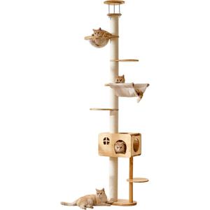 HITTITE Solid Wood Floor to Ceiling Cat Tree, 6 Tier 90.55"-118.11" Cat Climbing Tower with Sisal Scratching Post, Tall Cat Tree Tower with Condo Capsule and Cozy Hammock for Indoor Cats.