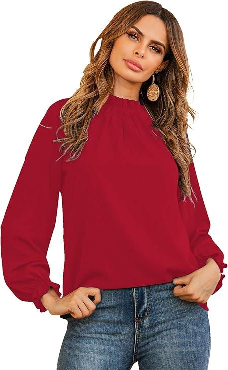 LYANER Women's Frill Mock Neck Flounce Long Sleeve Solid Blouse Office Shirt Top, Red L LYANER Women's Frill Mock Neck Flounce Long Sleeve Solid Blouse Office Shirt Top, Red L