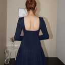 Women's Long Sleeve Mini Dress Sexy Boat Neck Pleated A-line Party Dresses (Blue, L)