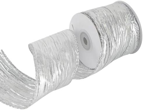 MEEDEE Silver Metallic Wired Ribbon 2.5 Inch Metallic Silver Trim Crinkle Wired Ribbons Silver Ribbon for Gift Wrapping, Christmas Tree, Wreath Supplies, Large Bow Making (10 Yards)