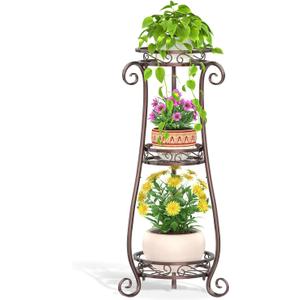 LASZOLA 3 Tier Bronze Metal Plant Stand for Multiple Large Planters Indoor Outdoor Organizer, Heavy Duty Tall Flower Stand for Corner Patio Bathroom Office, Modern Sturdy Vertical Iron Rack, Cat Proof (26-34 inch)