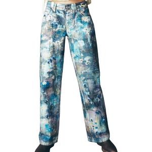 EZAPINE Straight Leg Jeans for Women Stretchy Floral Printed Painting Graffiti Crop Denim Pants Medium