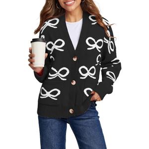 Astylish Womens Open Front Knit Cardigan Sweaters Button Down Bow Printed Outwear Coat with Pockets (X-Large, Black)