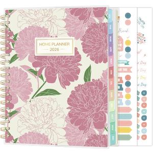 SUNEE Home Planner 2026, Work from Home Planner w/Stickers, JAN 2026 - DEC 2026, Daily Checklist, Monthly Budget Worksheet, Monthly Calendar, To-Do Lists, Ideal for gift, Poly Laminated Cover, Peony