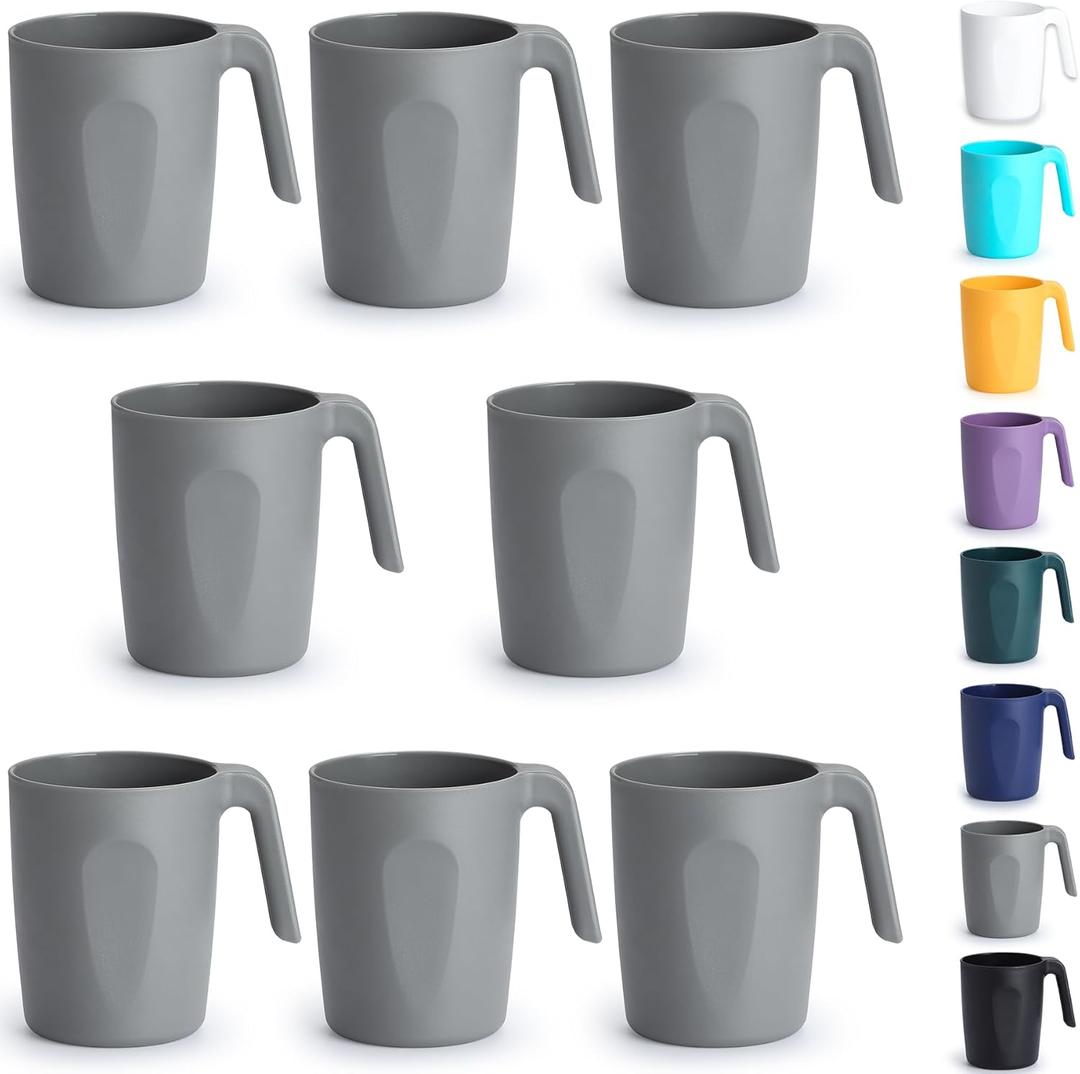 Berglander Gray Plastic Coffee Mugs Set of 8, Plastic Cups with Handles 15oz, Reusable Water Cup, Easy to Carry, Great for Home, Garden, Picnic, Camping, Outdoor