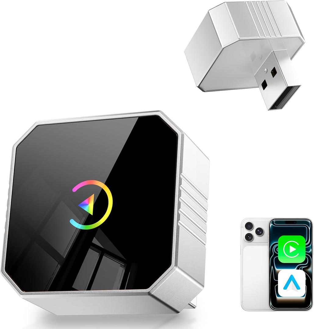 2026 Upgraded Mini Wireless CarPlay Adapter for CarPlay & Android Auto, Plug & Play, Fast, Auto Connect, No Latency 2in1 Car Play Wireless Adapter for iPhone iOS 10+ Android 11+ Information Display (Sliver)