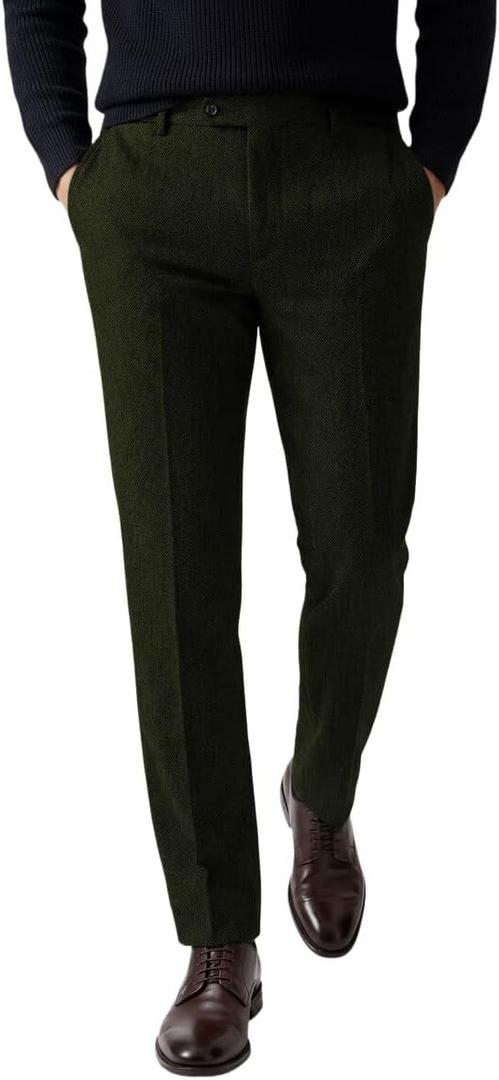 Ceehuteey Men's Retro Dress Suit Pants Thick Wool Flat Front Herringbone Tweed Trousers (38W x 30L, Army Green)