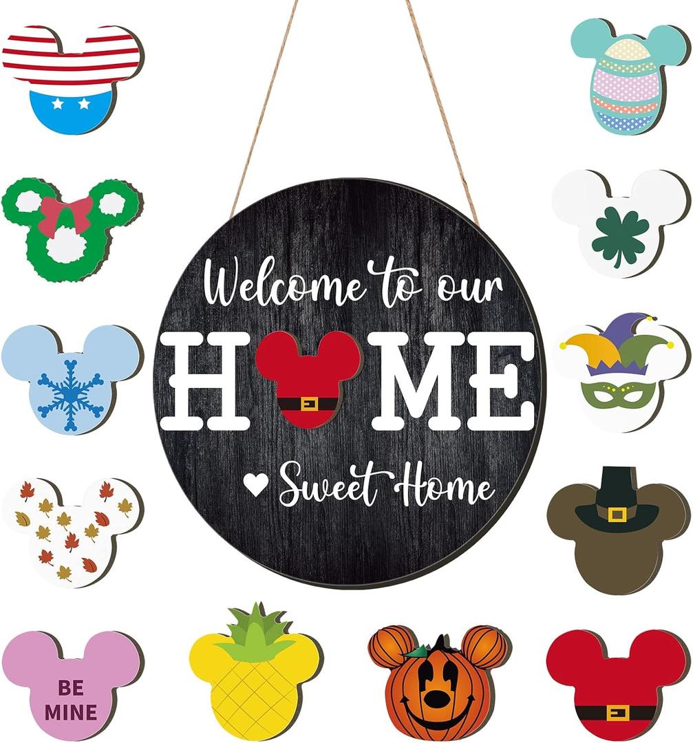 13 Pcs Mouse Interchangeable Door Sign,Seasonal Welcome to our Home Sign for Front Door,Mouse Seasonal Door Wreaths Welcome Signs for Valentine'S Day Housewarming Gifts Wall Porch Decor (Black)